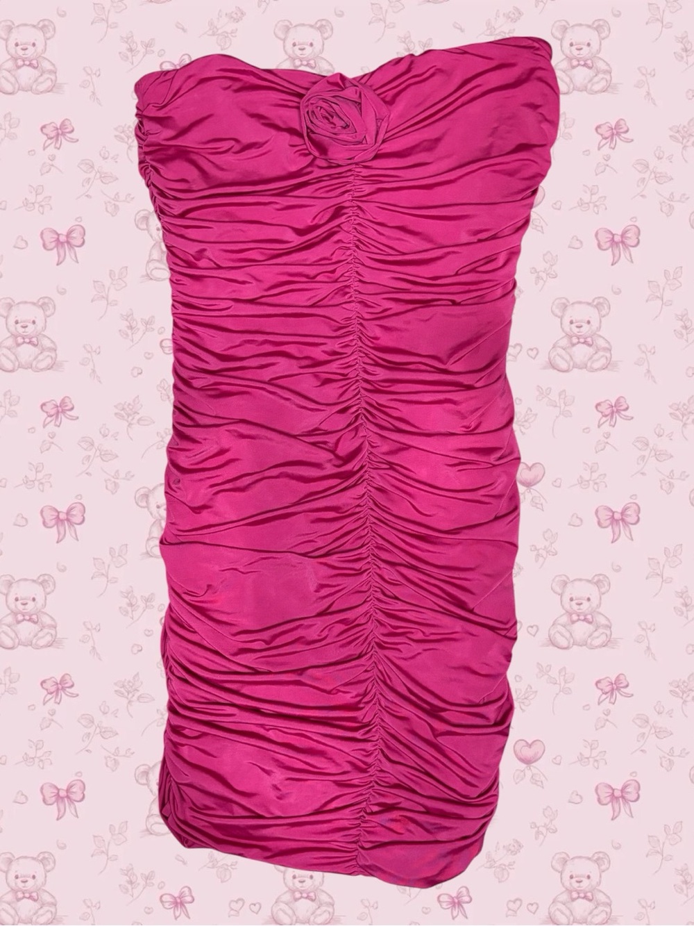 Hot Pink Ruched Tube Top Mini Dress Rosette Detail Size Medium